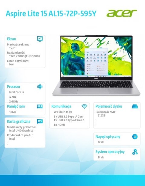 Notebook Aspire Lite 15 AL15-72P-595Y i5-13500H, 15.6 FHD IPS, 16GB, 512GB SSD, No OS, srebrny