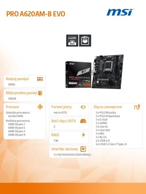 Płyta główna PRO A620AM-B EVO AM5 2DDR5 HDMI/VGA mATX