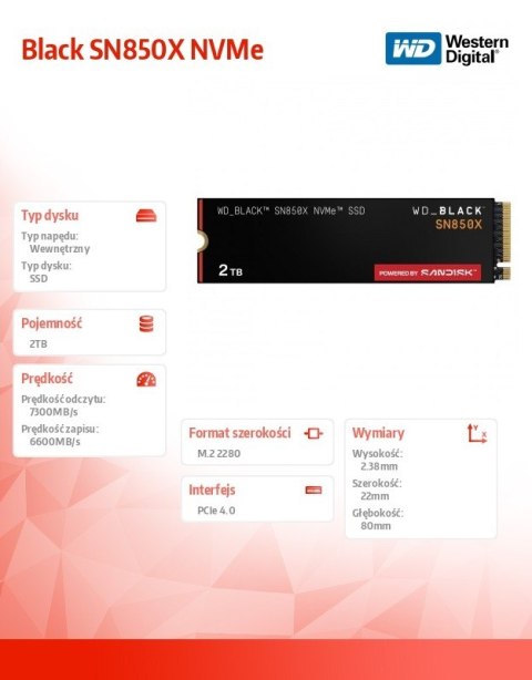 Dysk SSD WD Black SN850X 2TB NVMe 2280 M2