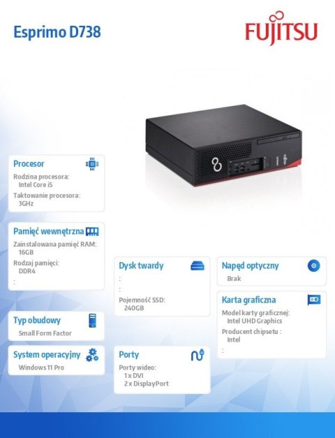 Komputer poleasingowy Fujitsu Esprimo D738 SFF Core i5-8500 (8-gen.) 3,0 GHz / 16 GB / 240 SSD / Win 11 Pro