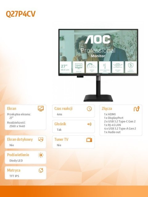 Monitor Q27P4CV 27 cali IPS 120 Hz HDMI DP RJ45 USB-C Pivot Głośniki