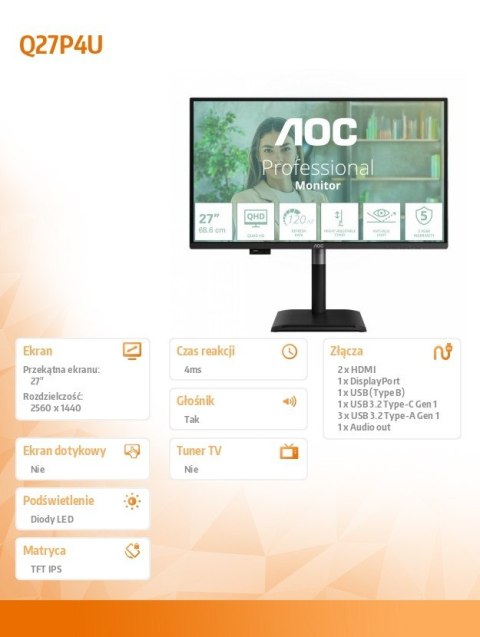 Monitor Q27P4U 27 cali IPS 120 Hz HDMIx2 DP USB-C Pivot Głośniki