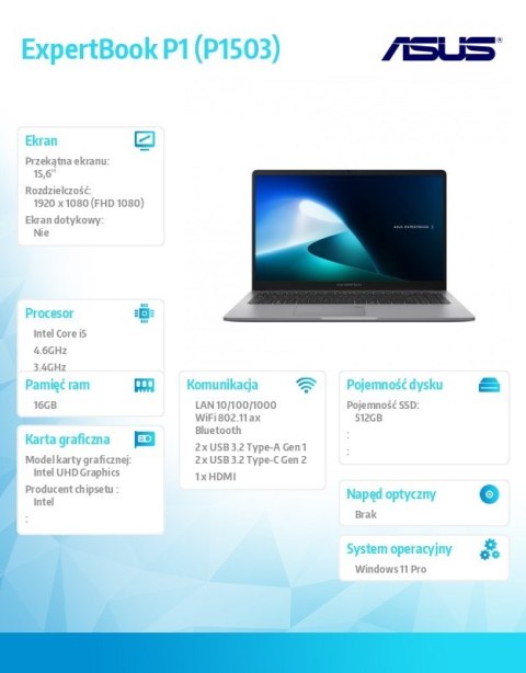 Notebook ExpertBook P1 P1503CVA-S71231 i5-13420H Win11P/16GB/512GB/15.6cali/3Y