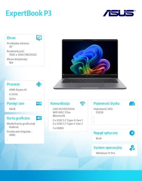 Notebook ExpertBook P3 PM3606CKA-MB0197X AI 5 330 16GB/512GB/W11 PRO