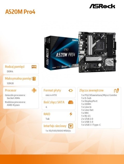Płyta główna A520M Pro4 AM4 4DDR4 HDMI/DP/VGA M.2 mATX