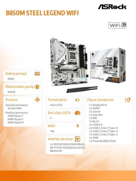 Płyta główna B850M STEEL LEGEND WIFI AM5 4DDR5 HDMI/DP mATX