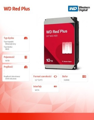 Dysk HDD Red Plus 10TB 3,5'' 512MB/7200RPM WD100EFGX