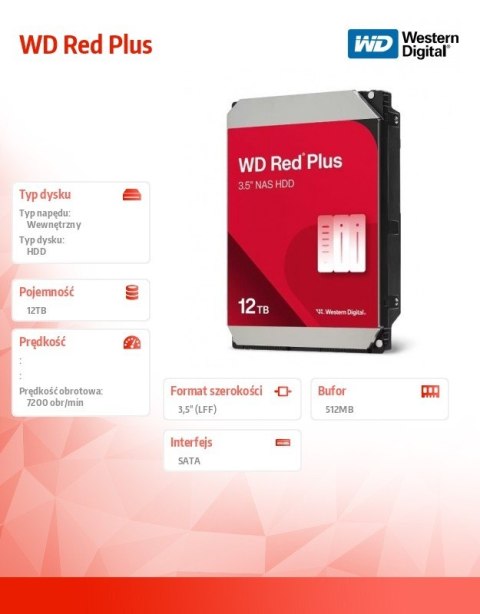 Dysk HDD Red Plus 12TB 3,5'' 512MB/7200RPM WD120EFGX