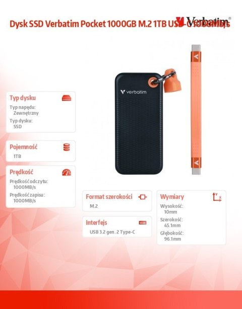 Dysk SSD Verbatim Pocket 1000GB M.2 1TB USB-C 1000Mb/s