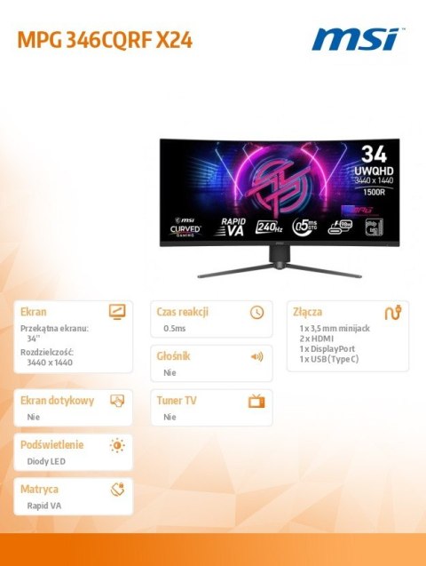 Monitor MPG 346CQRF X24 34 cale/LED/WQHD/Curve/240Hz/Black