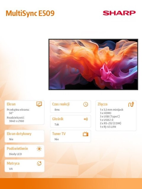 Monitor wielkoformatowy MultiSync E509 50 cali UHD 16/7 350cd/m2
