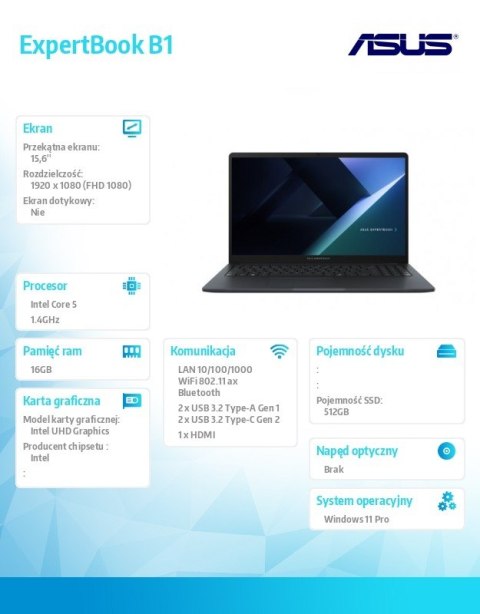 Notebook ExpertBook B1 B1503CVA-S71645X -Core 5 120U/16GB/512GB/15.6 FHD/Win 11 PRO/3YRS