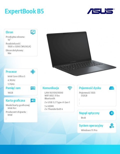 Notebook ExpertBook B5 B5405CCA-LY0125X ultra 5 225h 16GB/512GB/W11P