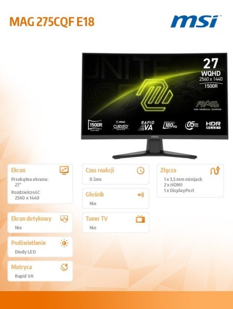 Monitor MAG 275CQF E18 27 cali LED/WQHD/LED/Curved/180Hz/czarny