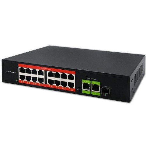 Przełącznik sieciowy SWITCH FAST Ethernet PoE | 16x RJ45 10/100 Mb/s | 2x RJ45 Uplink 1000 Mb/s | 1x SFP 1000Mb/s