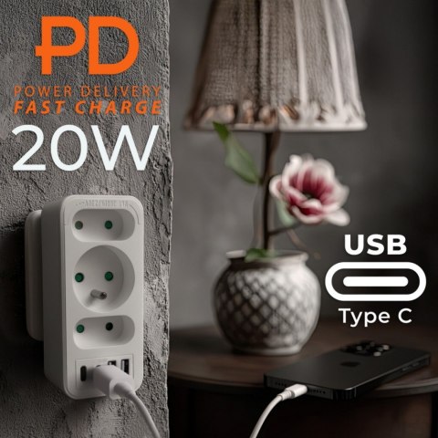 Rozdzielacz na 3 gniazda MCE248 F/W 2xUSB-A 2xUSB-C biały
