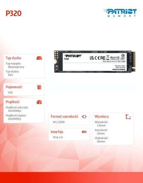 Dysk SSD 1TB P320 PCIe M.2 Gen3 x4 NVMe 3000/2200MB/s