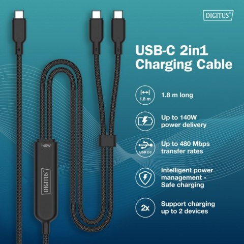 Kabel zasilający 2w1 USB-C - 2x USB-C, USB 2.0 140W PD 3.1, nylonowy, 1,8m czarny
