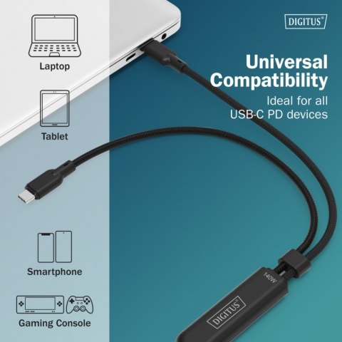 Kabel zasilający 2w1 USB-C - 2x USB-C, USB 2.0 140W PD 3.1, nylonowy, 1,8m czarny