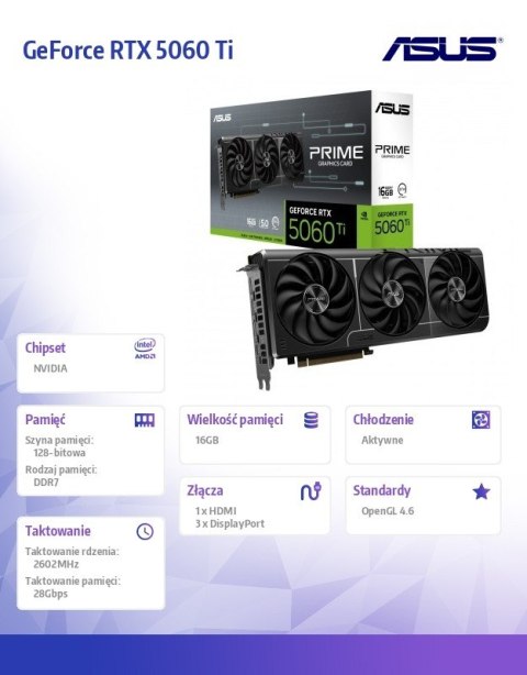 Karta graficzna GeForce RTX 5060 Ti Prime 16GB GDDR7 128BIT 3DP/HDMI