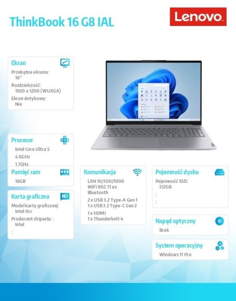 Laptop ThinkBook 16 G8 21SK00JPPB W11Pro Ultra 5 135H/16GB/512GB/INT/16.0" WUXGA/Arctic Grey/1YR CI + 3YR OS