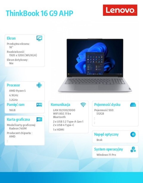 Laptop ThinkBook 16 G9 21UT0077PB W11Pro 5 220/16GB/512GB/INT/16.0 WQXGA/Arctic Grey/1YR CI + 3YR OS + CO2 Offset