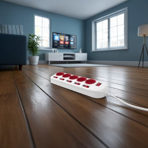 Listwa zasilająca 5 gniazd z włącznikami MCE204 R/W Biało-czerwona