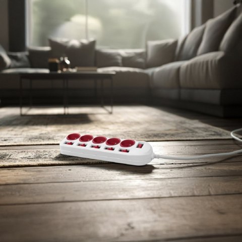 Listwa zasilająca 5 gniazd z włącznikami MCE204 R/W Biało-czerwona