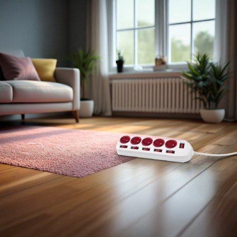 Listwa zasilająca 5 gniazd z włącznikami MCE204 R/W Biało-czerwona