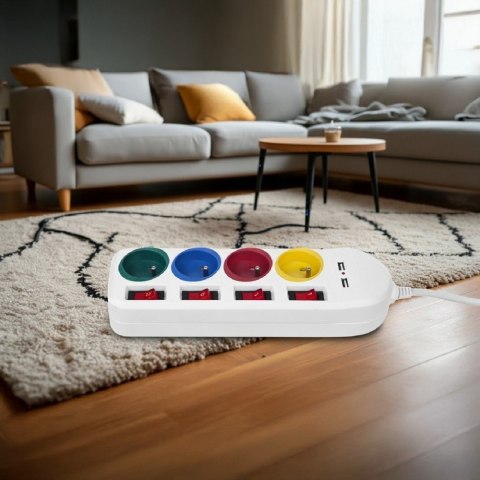 Listwa zasilająca z wyłącznikami 4 gniazda + 2xUSB przedłużacz MCE229W Biała