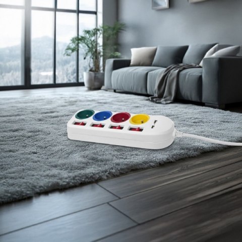 Listwa zasilająca z wyłącznikami 4 gniazda + 2xUSB przedłużacz MCE229W Biała