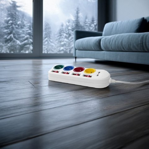 Listwa zasilająca z wyłącznikami 4 gniazda + 2xUSB przedłużacz MCE229W Biała