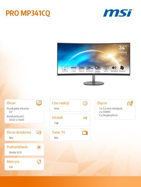 Monitor 34 cale PRO MP341CQ CURVED/VA/UWQHD/100Hz