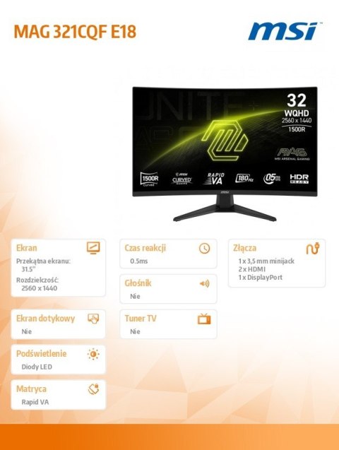 Monitor MAG 321CQF E18 31.5 cala LED/WQHD/LED/Curved/180Hz/czarny