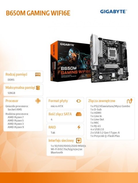Płyta główna B650M GAMING WIFI6E 2DDR5 HDMI/dsub M2 m.ATX