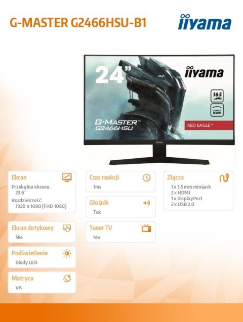 Monitor 23.6 cale G2466HSU-B1,FHD,VA,165HZ,1500R,1MS,DP,HDMIx2,USBx2 Monitor 23.6 cale G2466HSU-B1,FHD,VA,165HZ,1500R,1MS,DP,HDMIx2,USBx2