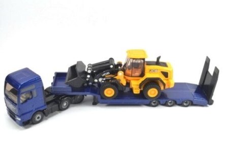 Ciężarówka MAN z lawetą i ładowarką kołową JCB Ciężarówka MAN z lawetą i ładowarką kołową JCB