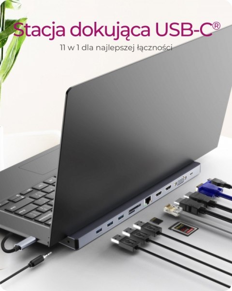 Stacja dokująca IB-DK2106-C Type-C z potrójnym wyjściem wideo, 2x High Speed HDMI typu A, 1x interfejs VGA, trzy interfejsy USB Stacja dokująca IB-DK2106-C Type-C z potrójnym wyjściem wideo, 2x High Speed HDMI typu A, 1x interfejs VGA, trzy interfejsy USB