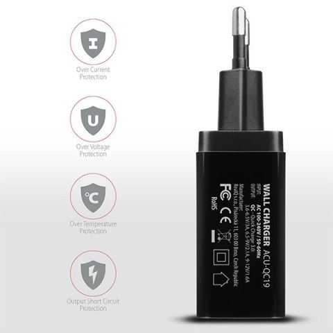 ACU-QC19 Ładowarka sieciowa, QC 19W, 1x port USB-A, QC3.0/AFC/FCP/SMART, czarna ACU-QC19 Ładowarka sieciowa, QC 19W, 1x port USB-A, QC3.0/AFC/FCP/SMART, czarna