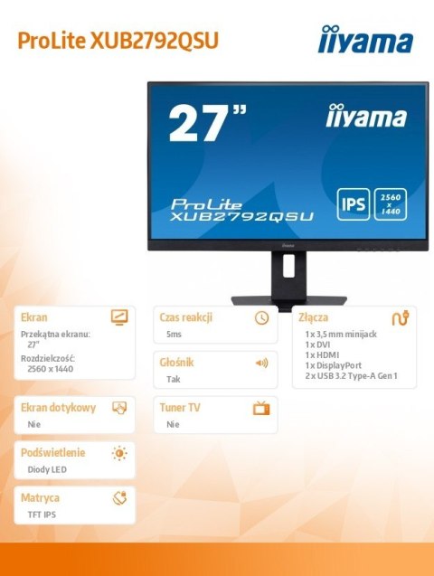 Monitor 27 cali XUB2792QSU-B5 IPS,QHD,HAS(150mm),DVI,HDMI,DP,USB Monitor 27 cali XUB2792QSU-B5 IPS,QHD,HAS(150mm),DVI,HDMI,DP,USB