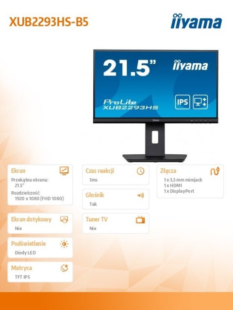 Monitor 22 cale XUB2293HS-B5 IPS,HDMI,DP,HAS(150mm),2x1W Monitor 22 cale XUB2293HS-B5 IPS,HDMI,DP,HAS(150mm),2x1W