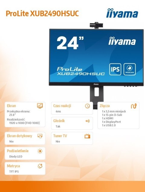 Monitor 23.8 cala XUB2490HSUC-B5 IPS,FHD,CAM,MIC,HDMI,DP,HAS(150mm) Monitor 23.8 cala XUB2490HSUC-B5 IPS,FHD,CAM,MIC,HDMI,DP,HAS(150mm)