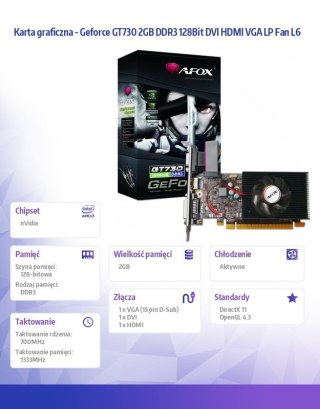Karta graficzna Geforce GT730 2GB DDR3 128Bit DVI HDMI VGA LP Fan L6