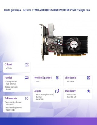 Karta graficzna Geforce GT740 4GB DDR3 128Bit DVI HDMI VGA LP Single Fan