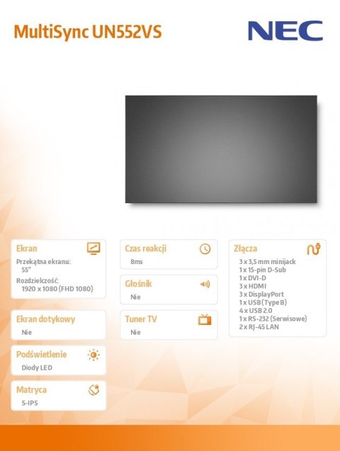 Monitor 55 cali MultiSync UN552VS 500cd/m2 1920x1080 24/7 S-IPS Monitor 55 cali MultiSync UN552VS 500cd/m2 1920x1080 24/7 S-IPS