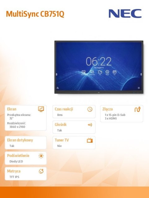 Monitor 75 cali MultiSync CB751Q IPS 350cd/m2 3840x2160 1200:1 Monitor 75 cali MultiSync CB751Q IPS 350cd/m2 3840x2160 1200:1